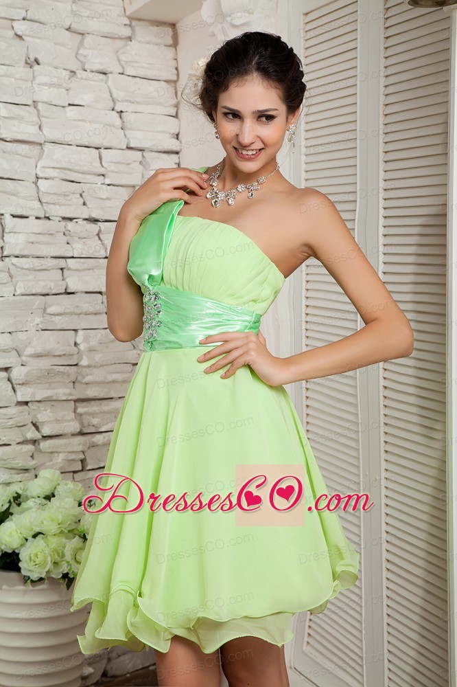 Yellow Green Empire One Shoulder Mini-length Chiffon Beading Prom / Homecoming Dress