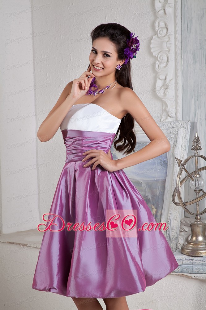 Lavender And White Prom Dress Under 100 A-line / Princess Strapless Taffeta Ruched Knee-length