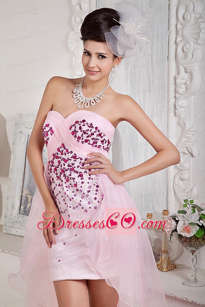 Baby Pink Column High-low Organza Beading Prom Dress