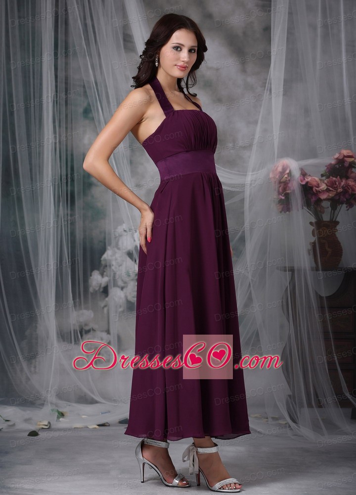 Burgundy Empire Halter Ankle-length Chiffon Ruched Prom / Evening Dress