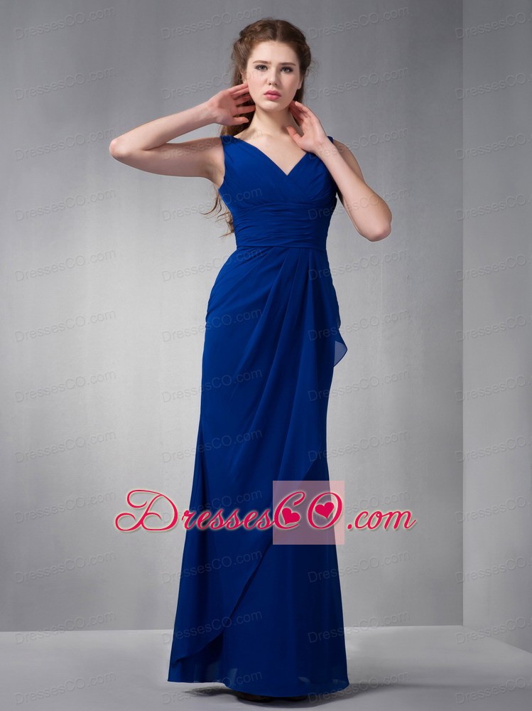 Customize Royal Blue V-neck Chiffon Prom Dress Long