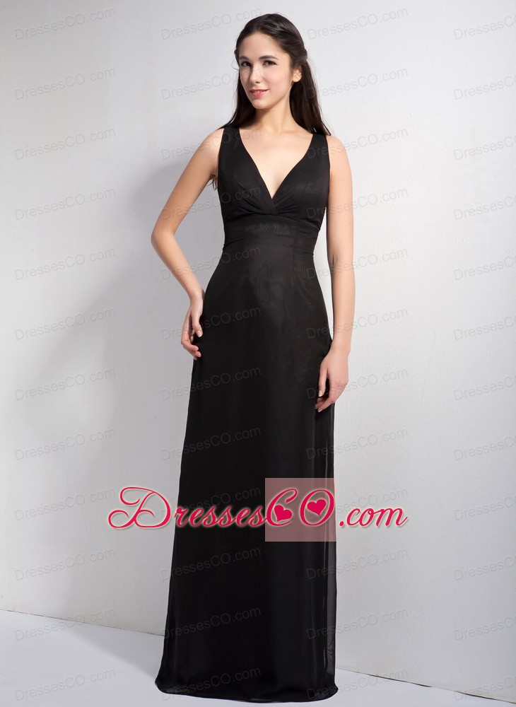 Black Column V-neck Long Elastic Wove Satin And Chiffon Prom Dress