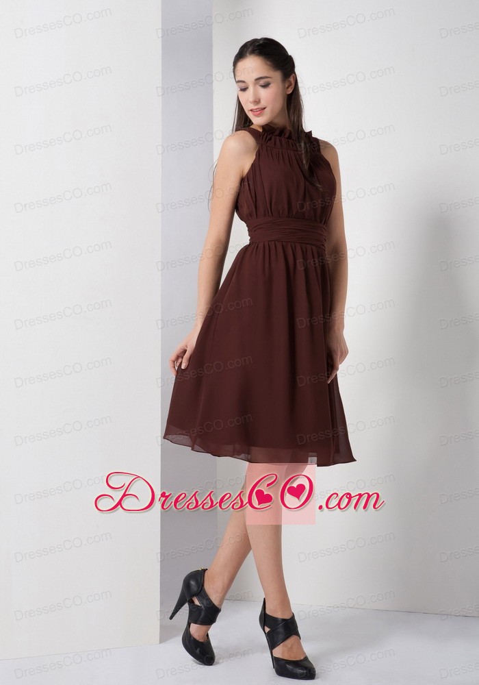 Customize Brown A-line Strapless Bow Bridesmaid Dress Knee-length Satin