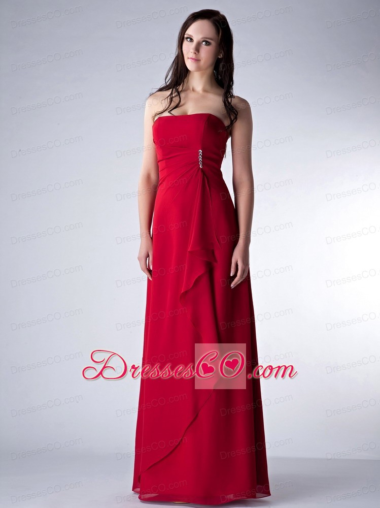 Wonderful Wine Red Column Strapless Bridesmaid Dress Chiffon Beading Long
