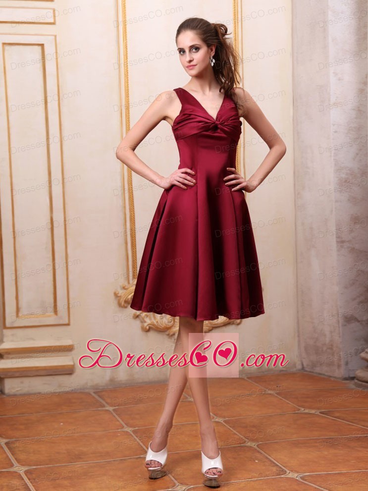 Burgundy Bridemaid Dress V-neck Knee-length Satin