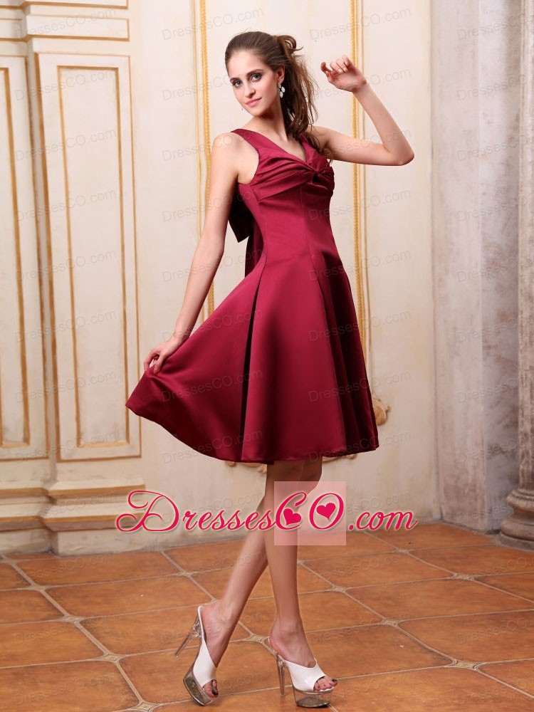 Burgundy Bridemaid Dress V-neck Knee-length Satin