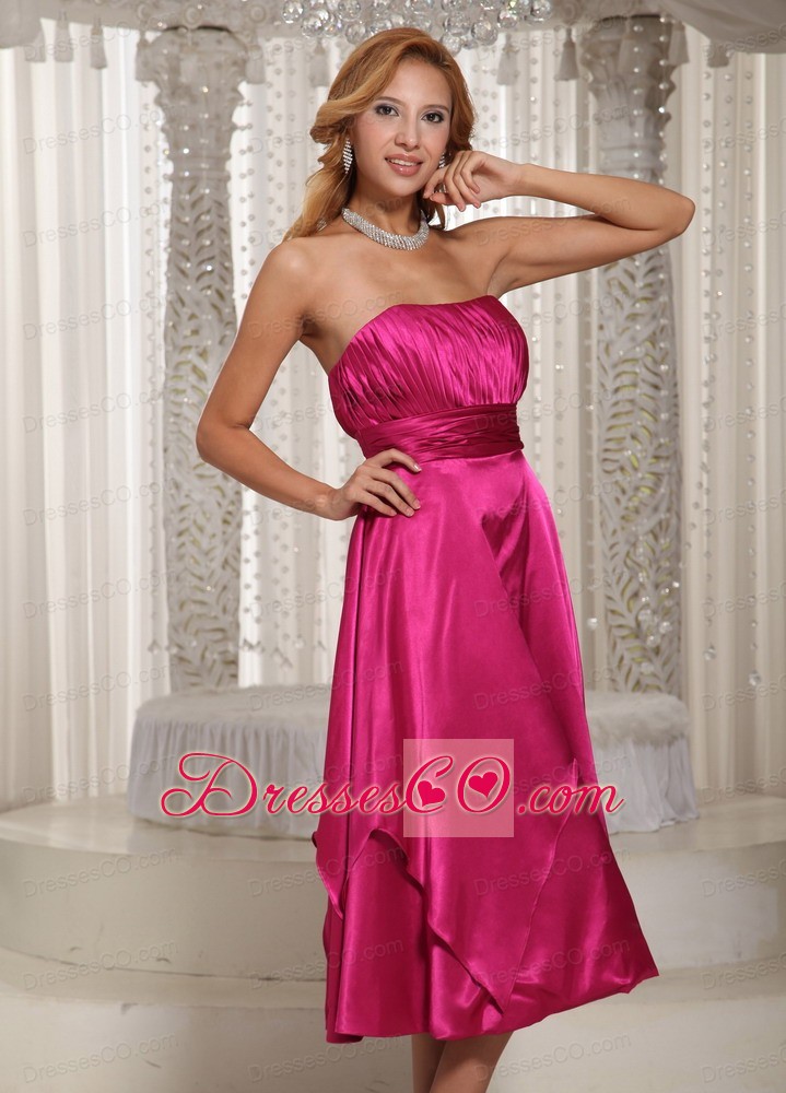 Hot Pink Ruched Bodice Tea-length Simple Mother Of The Bride Dress For Wedding Party
