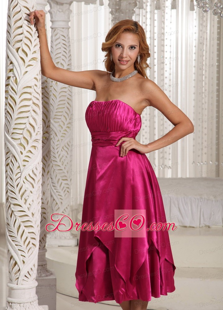 Hot Pink Ruched Bodice Tea-length Simple Mother Of The Bride Dress For Wedding Party