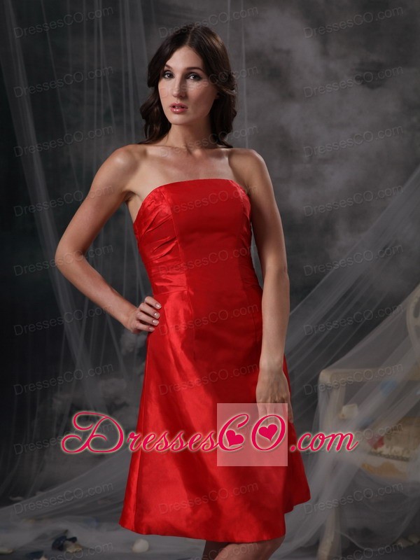 Custom Made Red Column Cocktail Dress Strapless Taffeta Ruching Knee-length