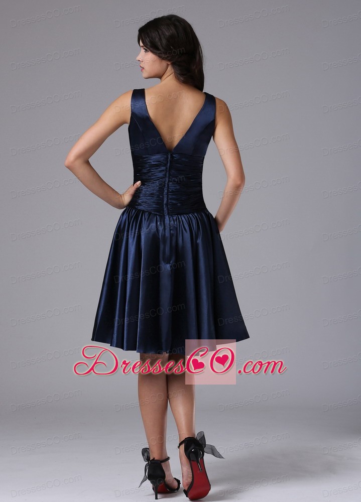V-neck Empire and Ruched For Navy Blue Prom Dress In Bellflower California