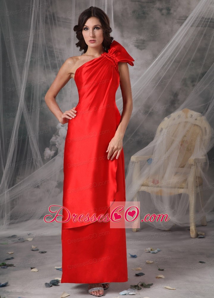Elegant Red Evening Dress Column One Shoulder Elastic Woven Satin Ruched Long