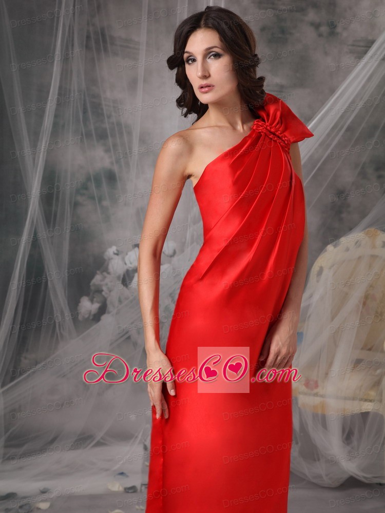 Elegant Red Evening Dress Column One Shoulder Elastic Woven Satin Ruched Long