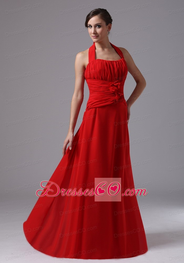 Halter and Ruched Bodice For Red Prom Dress With Hand Made Flowers