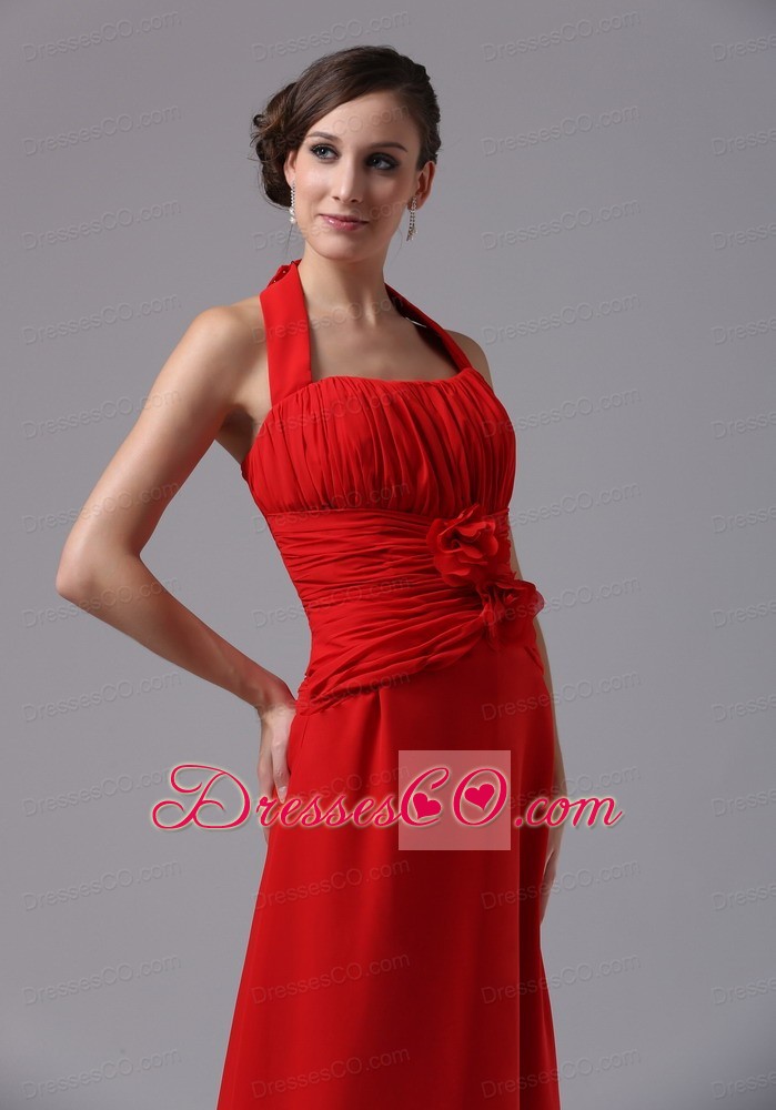 Halter and Ruched Bodice For Red Prom Dress With Hand Made Flowers