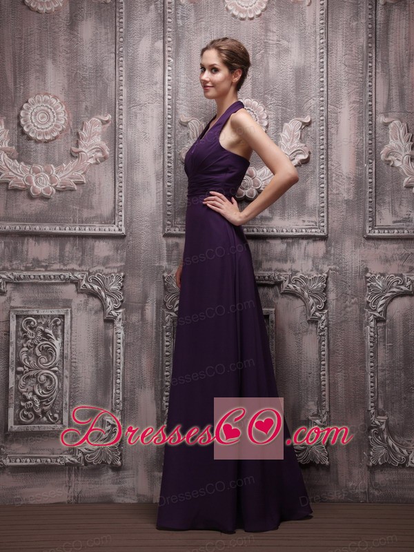 Dark Purple Empire Halter Long Chiffon Ruched Prom / Evening Dress