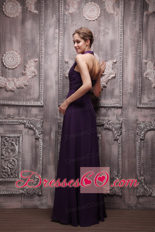 Dark Purple Empire Halter Long Chiffon Ruched Prom / Evening Dress