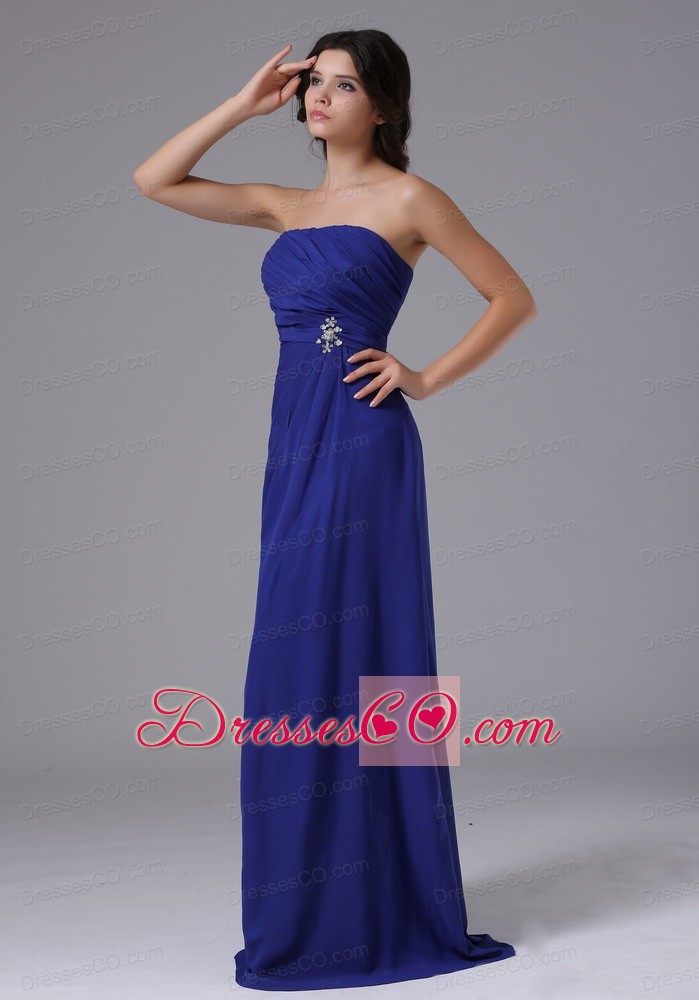 Simple Bridesmaid DressWith Ruche Beading Strapless and Peacock Blue