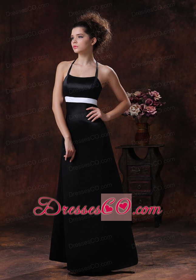Halter Column Taffeta Long Black Prom Dress