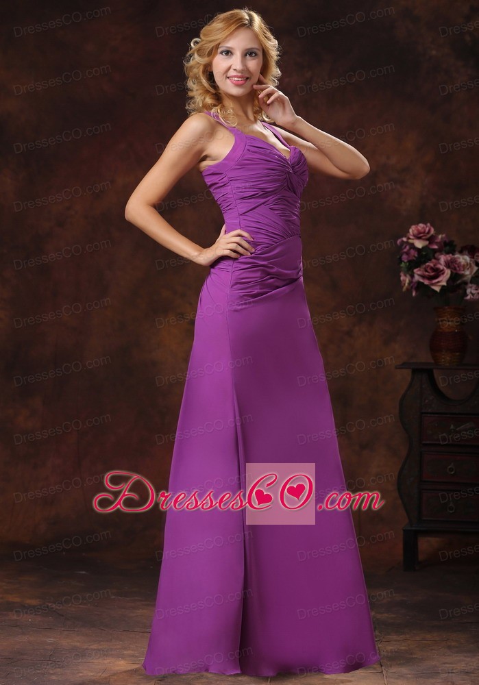 Purple Straps Ruched Bodice Discount Bridesmaid Dress Long