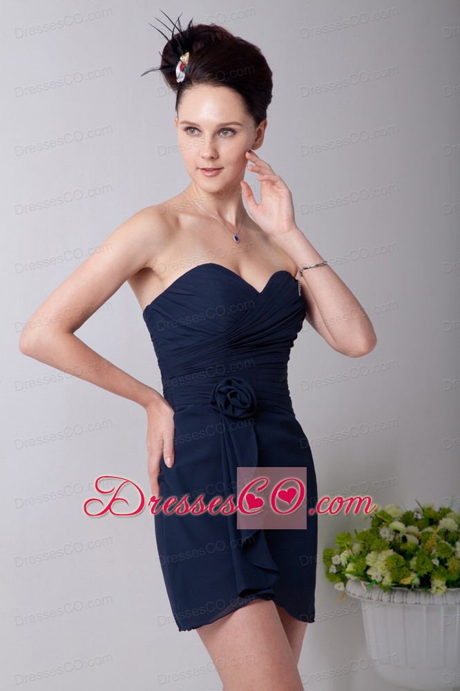 Navy Blue Empire Mini-length Chiffon Hand Made Flower Prom / Homecoming Dress