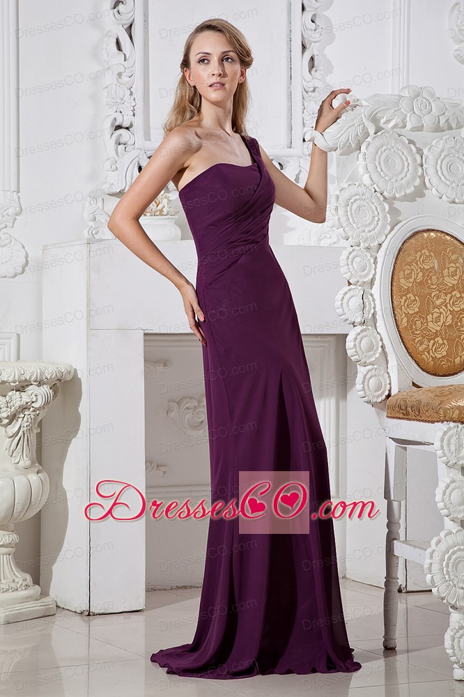 Dark Purple Column One Shoulder Brush Train Chiffon Prom / Evening Dress