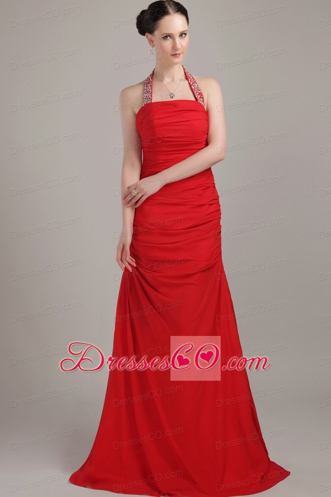 Red Column / Sheath Halter Long Chiffon Ruche Prom Dress
