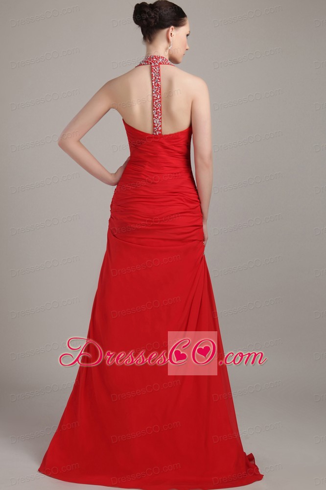 Red Column / Sheath Halter Long Chiffon Ruche Prom Dress