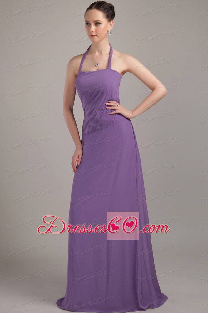 Purple Column Halter Brush Train Chiffon Ruched Prom Dress