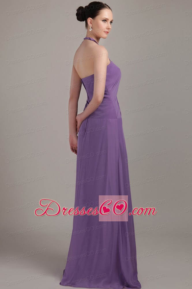 Purple Column Halter Brush Train Chiffon Ruched Prom Dress