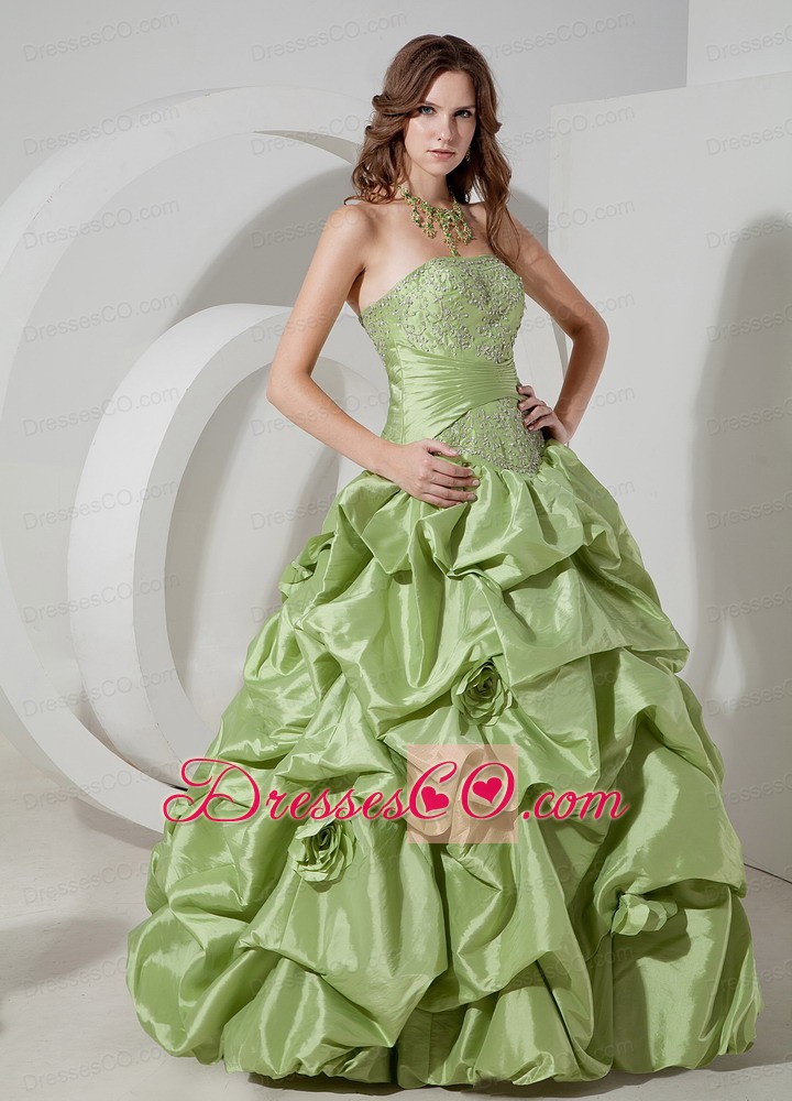 Elegant Yellow Green A-line Strapless Prom Dress Taffeta Appliques Long