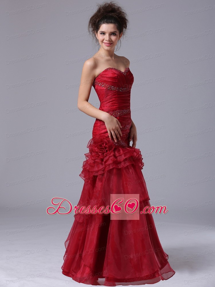 Mermaid Ruffles Red Organza Prom Dress With Beading