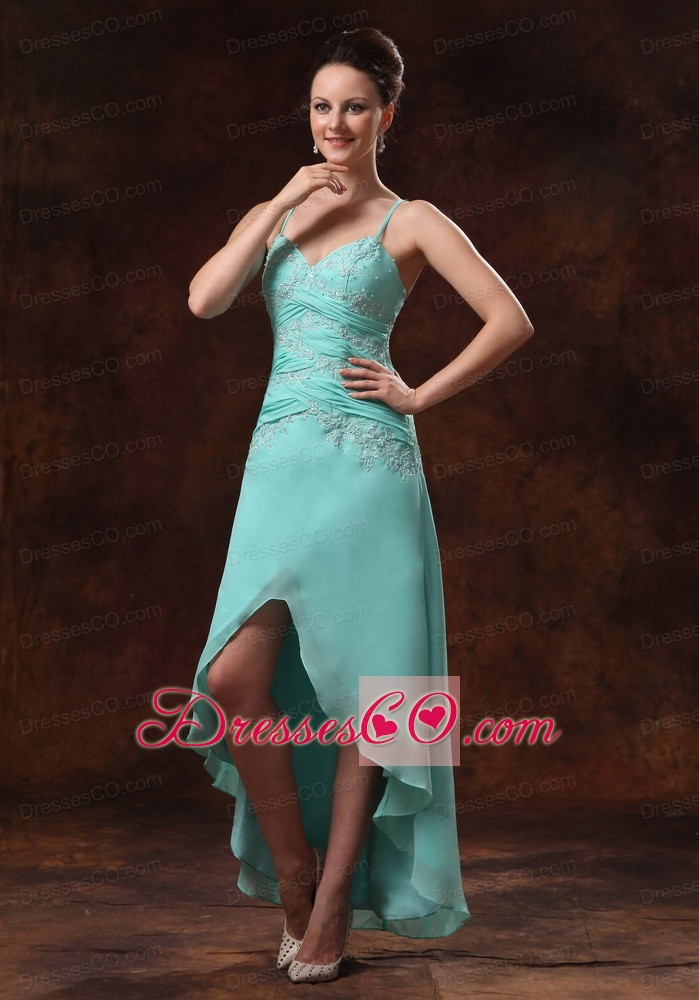 High-low Spaghetti Straps Appliques and Ruching For Turquoise Prom Dress