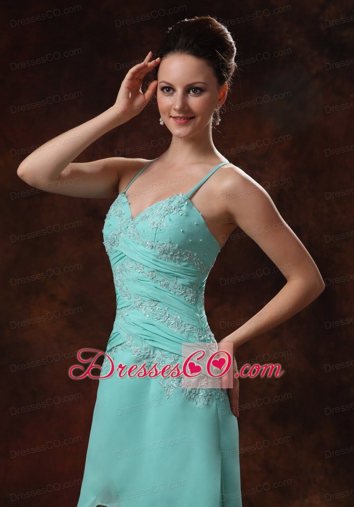 High-low Spaghetti Straps Appliques and Ruching For Turquoise Prom Dress