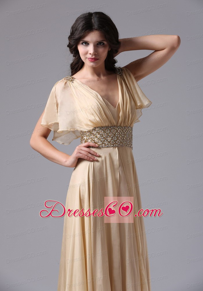 Champagne V-neck Beaded Decorate Waist For Prom Dress