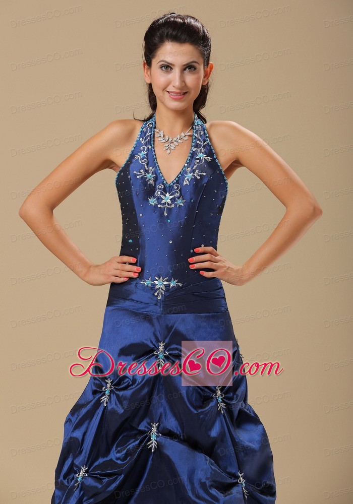 Navy Blue and Appliques Decorate Halter For Prom Dress