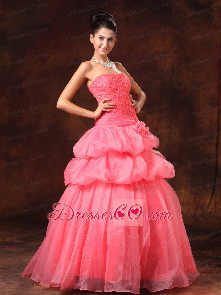 Watermelon Red Hand Made Flowers And Appliques A-line Strapless Organza New Arrival Prom Gowns For Custom Made