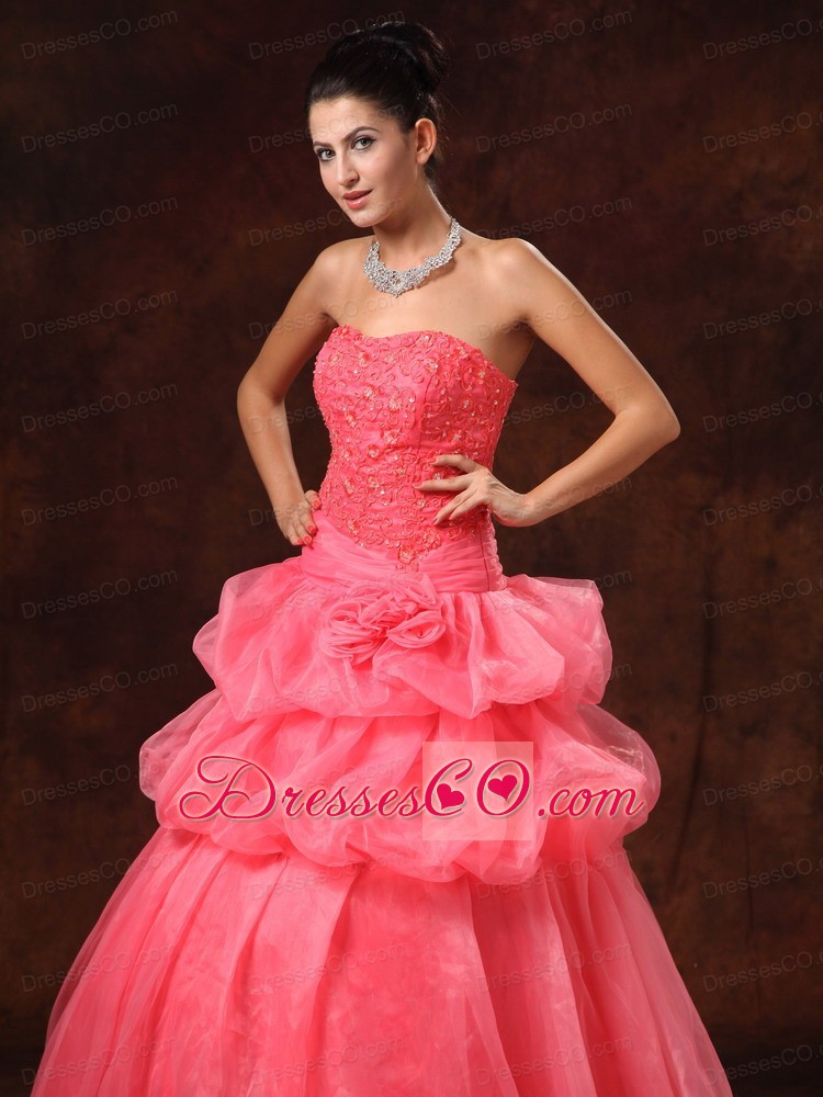 Watermelon Red Hand Made Flowers And Appliques A-line Strapless Organza New Arrival Prom Gowns For Custom Made