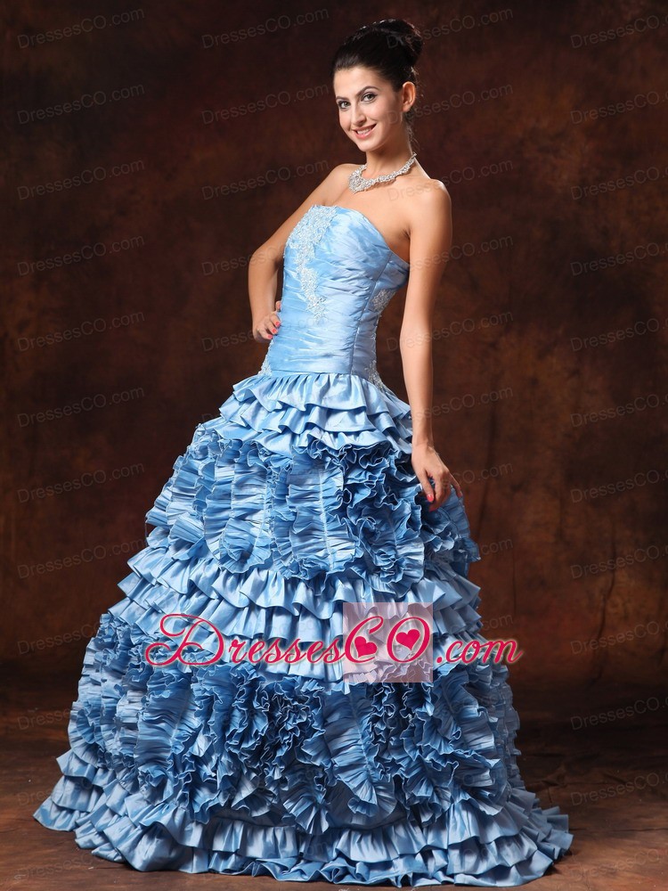 Ruffles Light Blue Strapless A-line Appliques Taffeta Chic New Arrival Prom Gowns