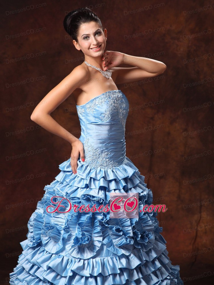 Ruffles Light Blue Strapless A-line Appliques Taffeta Chic New Arrival Prom Gowns