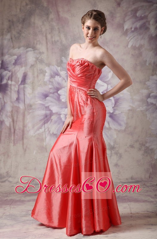 Elegant Coral Red Column Prom / Evening Dress Taffeta Beading