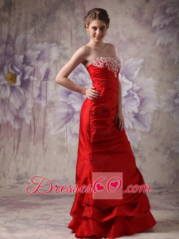 Red Column Strapless Prom / Evening Dress Taffeta Beading Long