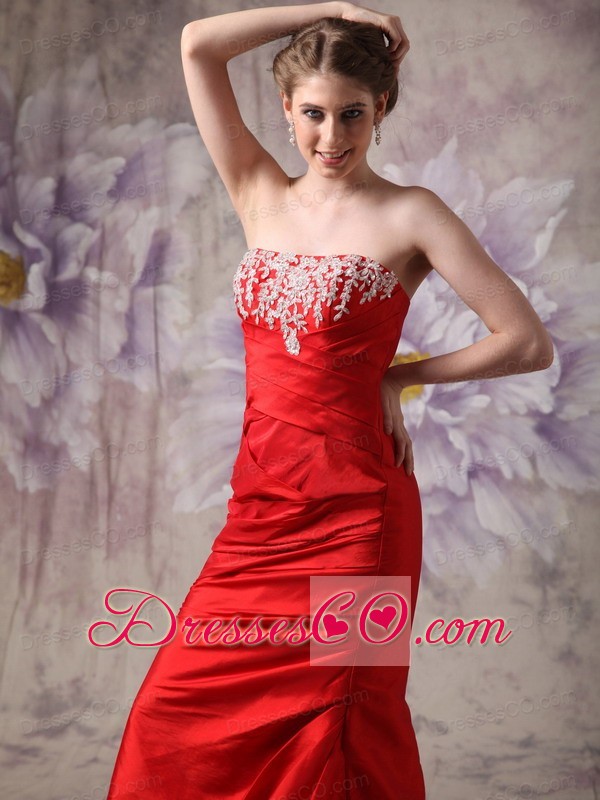 Red Column Strapless Prom / Evening Dress Taffeta Beading Long