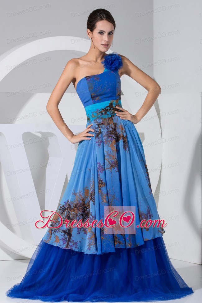 Printing Hand Made Flower Decorate Bodice Blue Tulle Brush Train Prom Dress For 2013