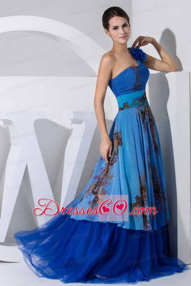 Printing Hand Made Flower Decorate Bodice Blue Tulle Brush Train Prom Dress For 2013