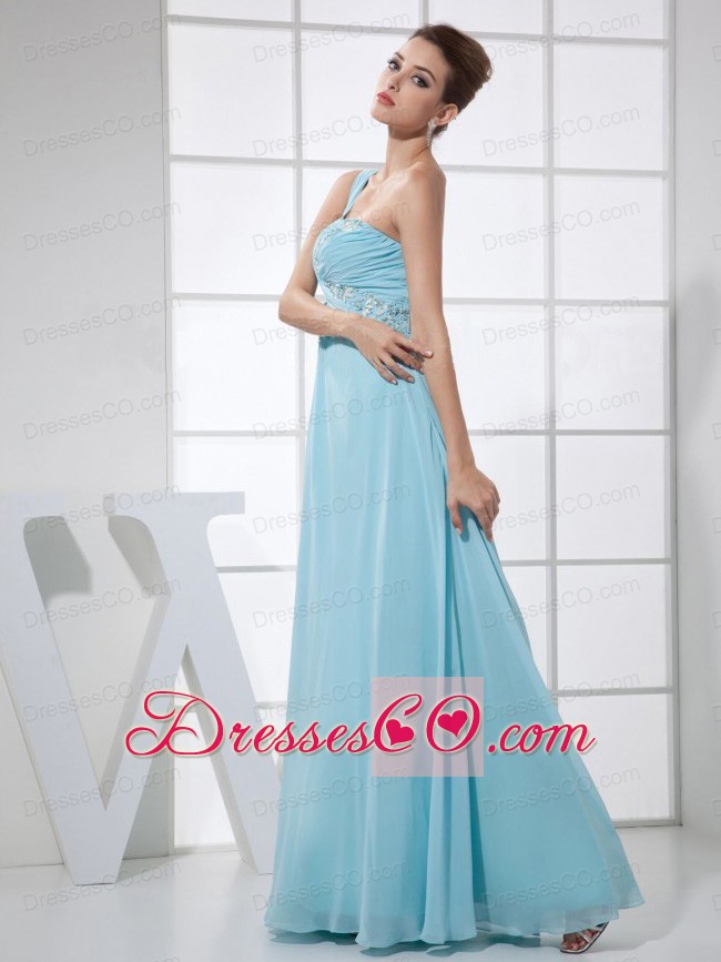 Light Blue One Shoulder Beading And Ruching Empire Long Prom Dress