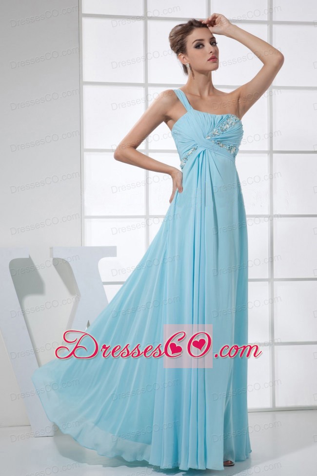 Light Blue One Shoulder Beading And Ruching Empire Long Prom Dress