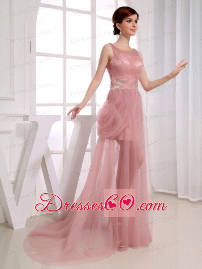 Beaded Decorate Waist Scoop Court Train Pink Tulle A-Line Prom Dress