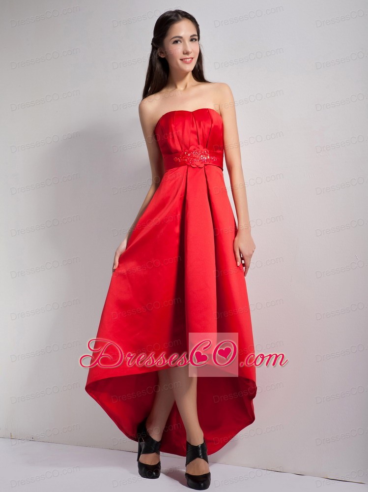 Lovely Red A-line Strapless Appliques Prom Dress High-low Satin