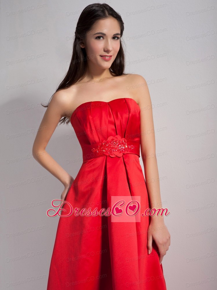 Lovely Red A-line Strapless Appliques Prom Dress High-low Satin