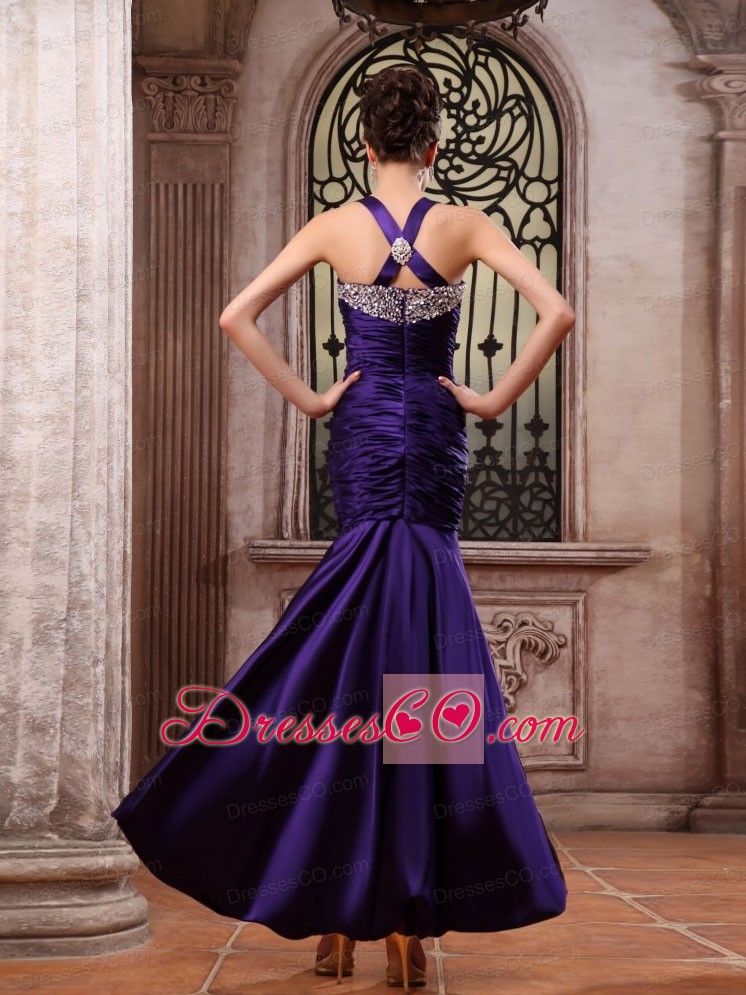 Purple Prom Dress With Straps Beaded And Ruched Mermaid Ankle-length